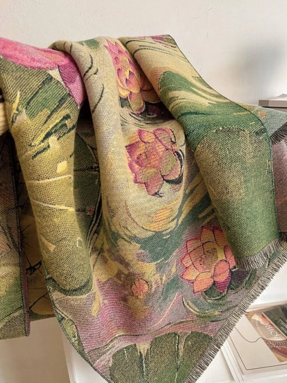 Green Casual Women's Jacquard floral print Thick Warm Rectangular Shawl Scarf